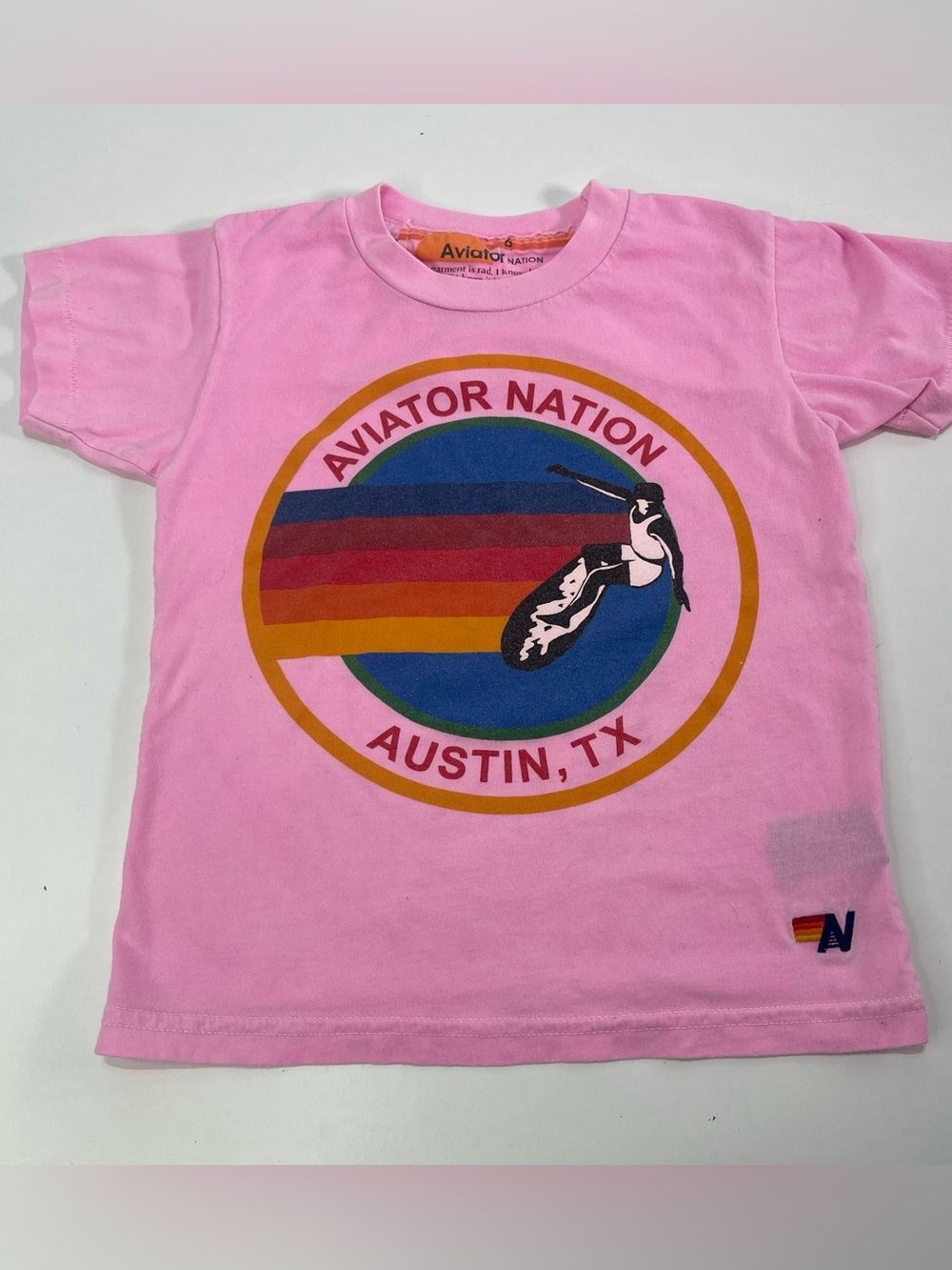 Aviator Nation Girls 6 Austin USA Short Sleeve Graphic T-Shirt Tee Pink Surfer